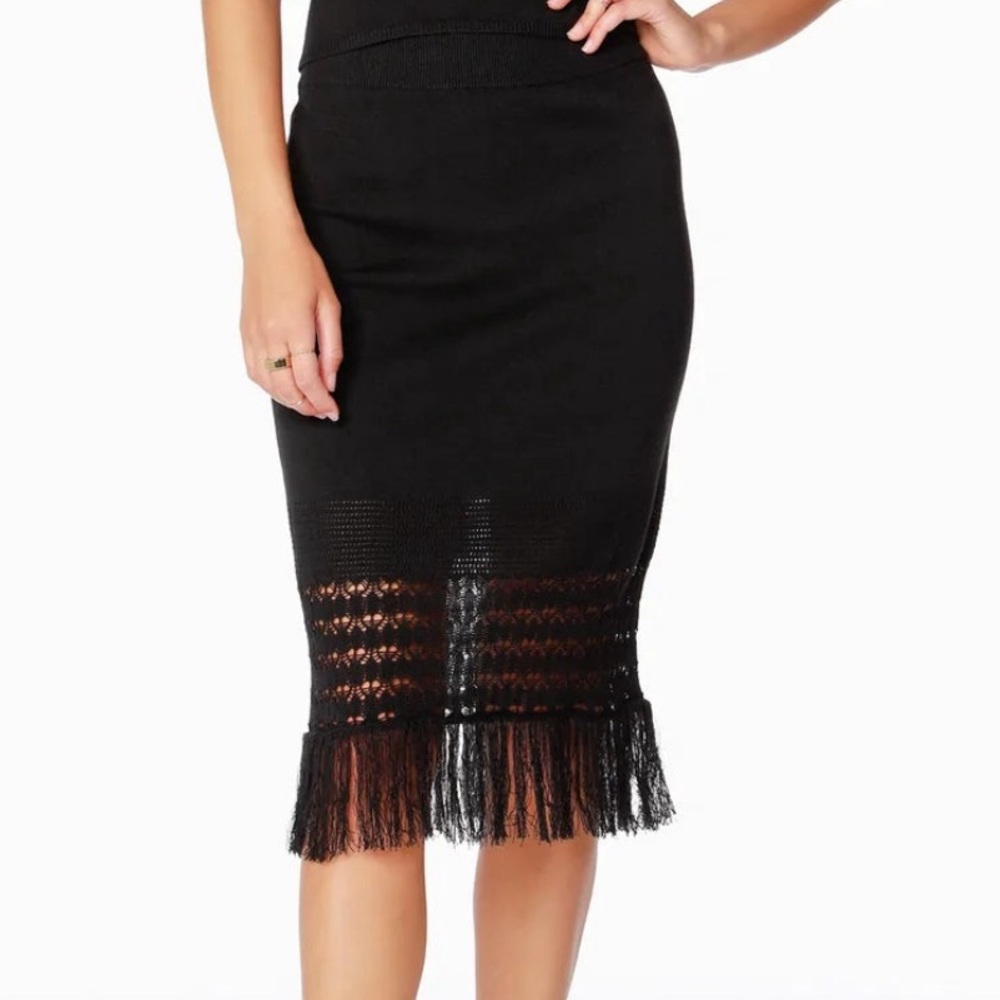 Bobi BLACK Los Angeles Black Crochet Sweater Midi Skirt with Fringe Hem Size XS